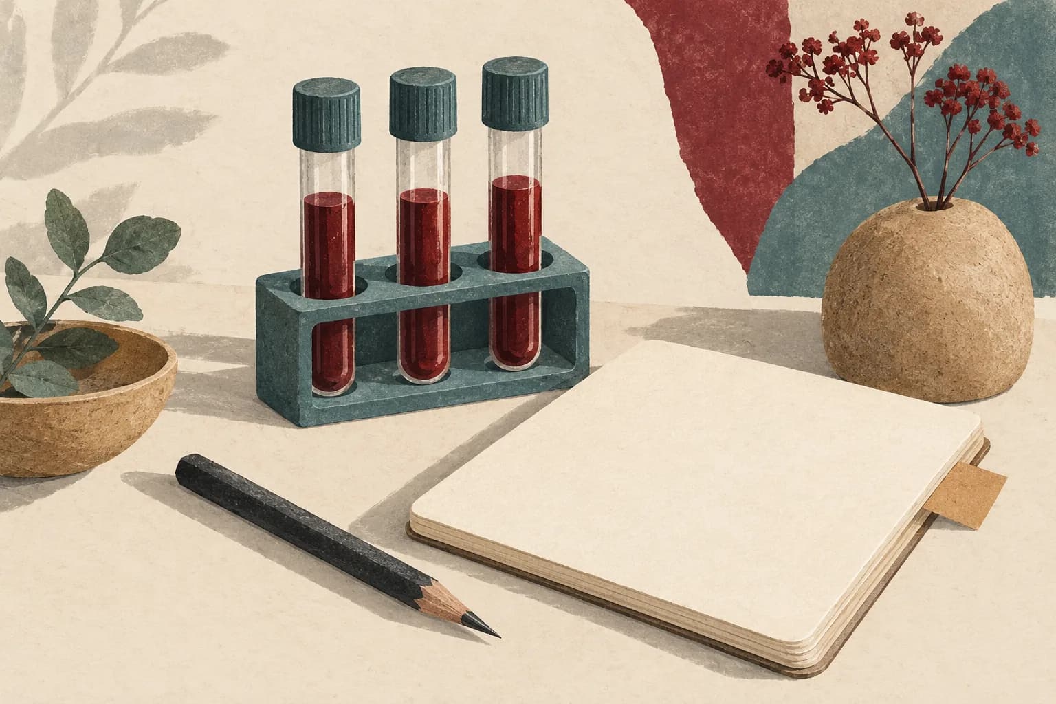 Three capped sample tubes in a teal rack beside a blank notebook and a pencil.