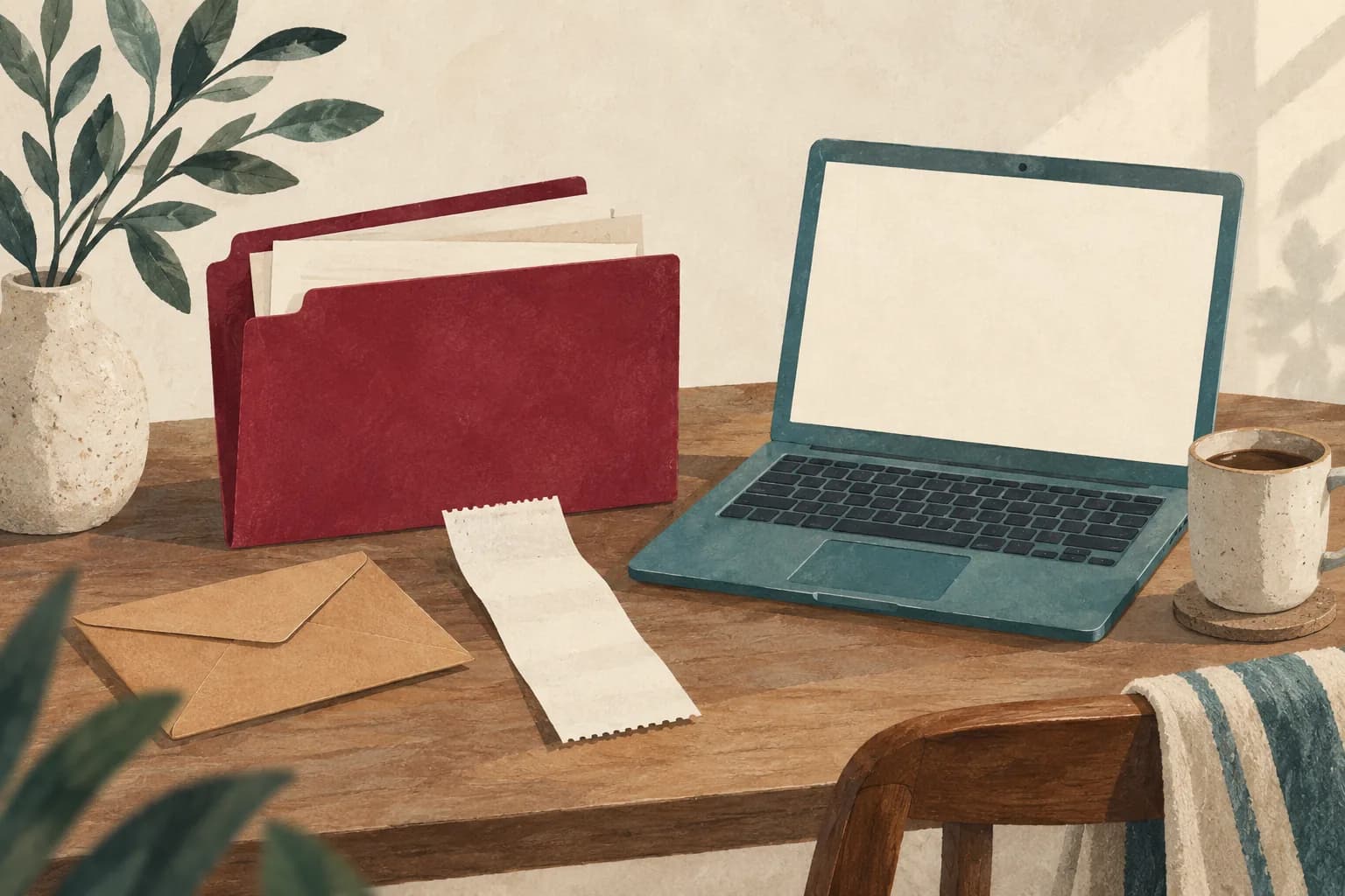 A teal laptop, a burgundy folder, a blank receipt, and an envelope on a desk.