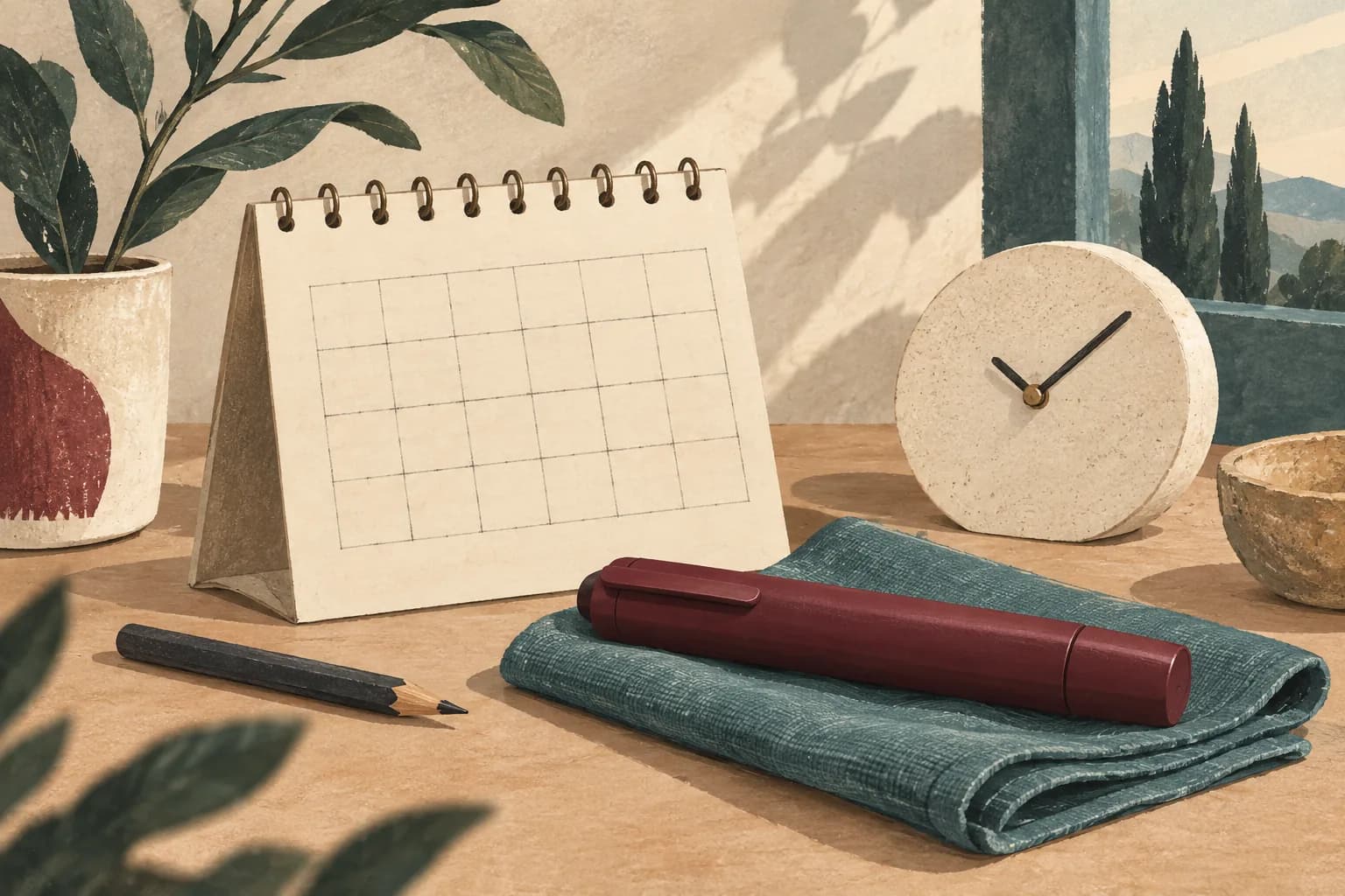 A blank desk calendar, a clock, a pencil, and a capped burgundy pen on folded teal cloth.