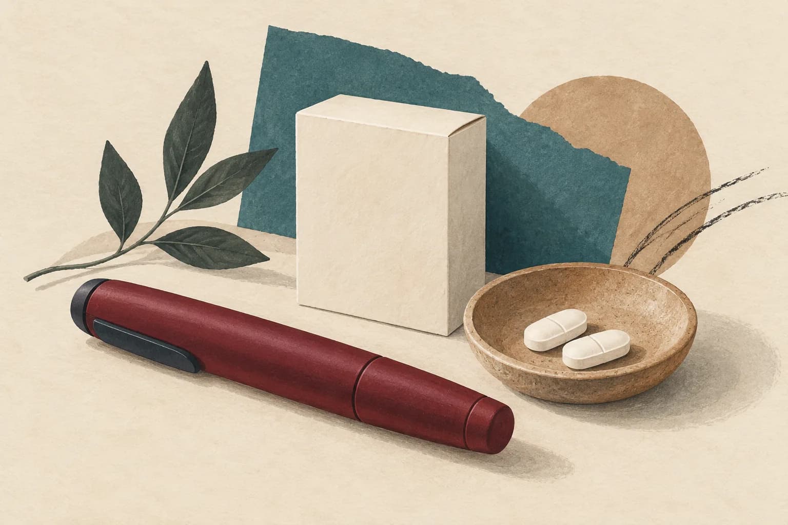 A capped burgundy pen-shaped device, two tablets, and a blank carton in a paper-textured still life.