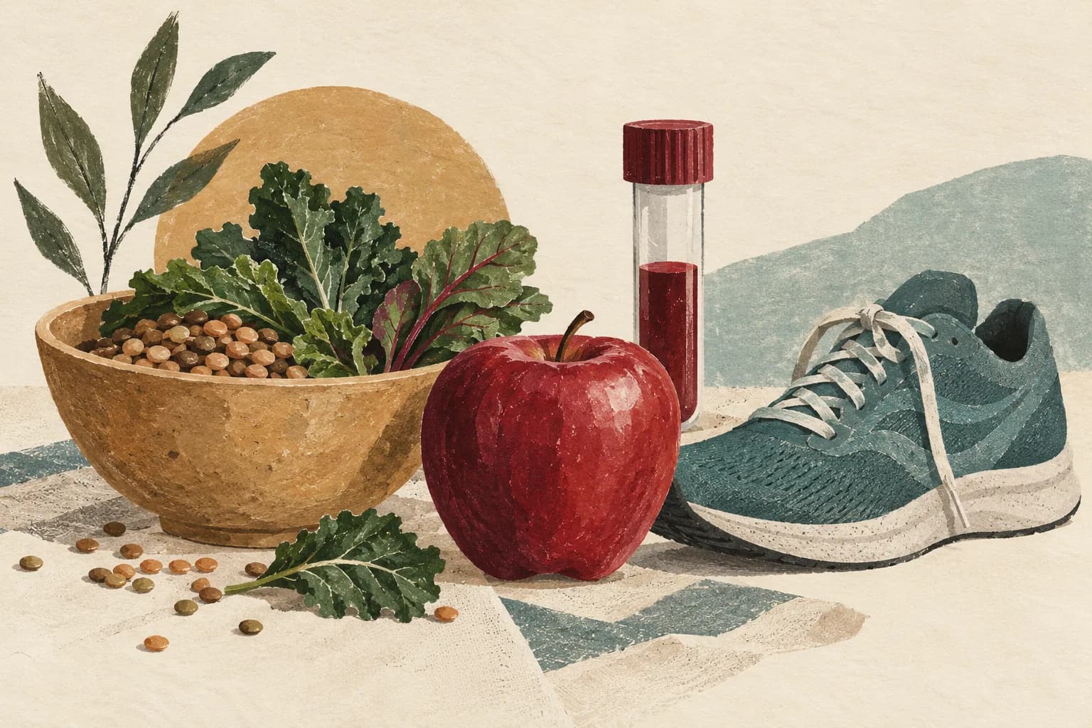 A bowl of lentils and greens, an apple, a walking shoe, and an unlabelled capped sample tube.