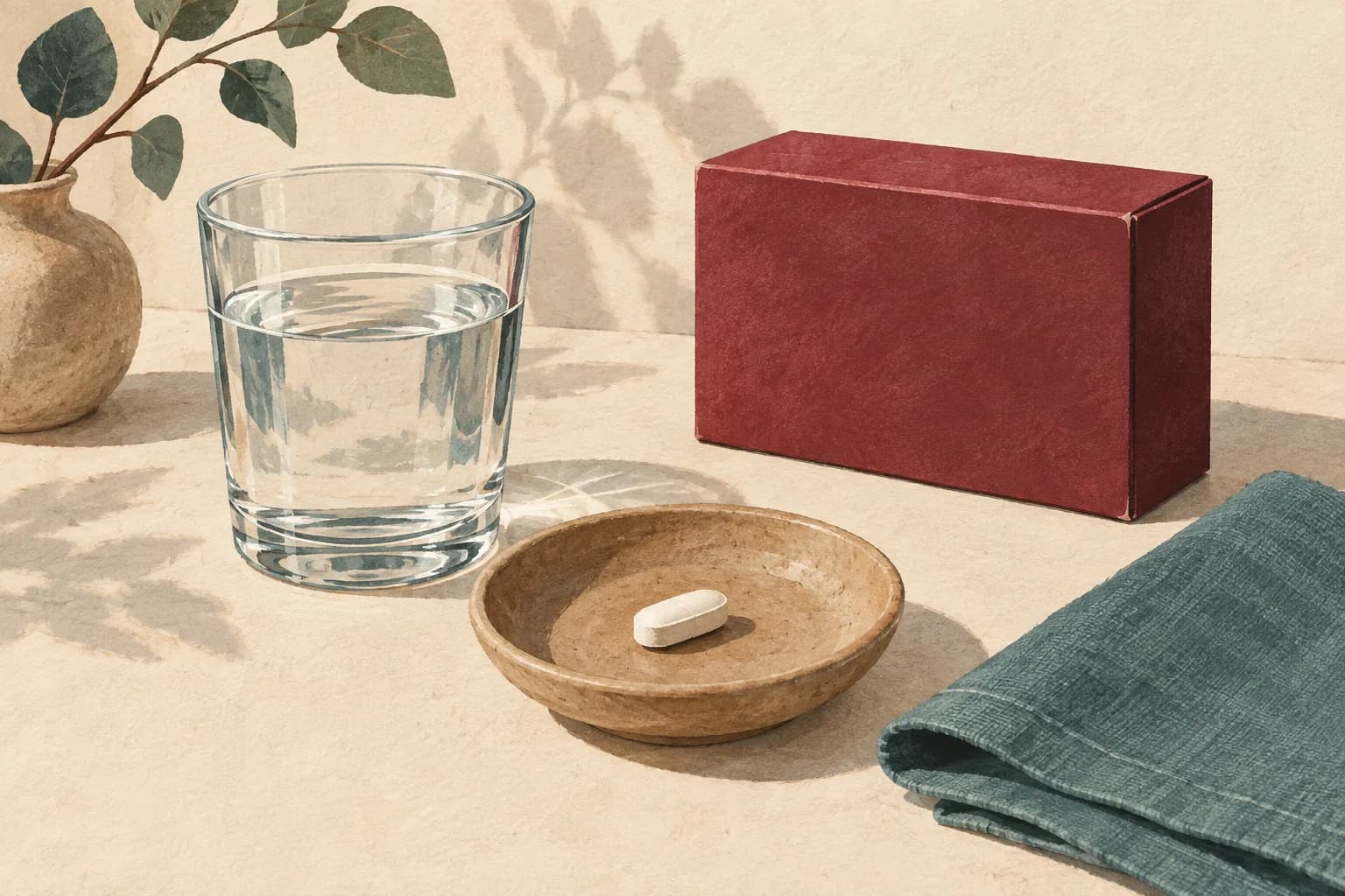 One ivory tablet in an ochre dish beside a glass of water and a blank burgundy carton.