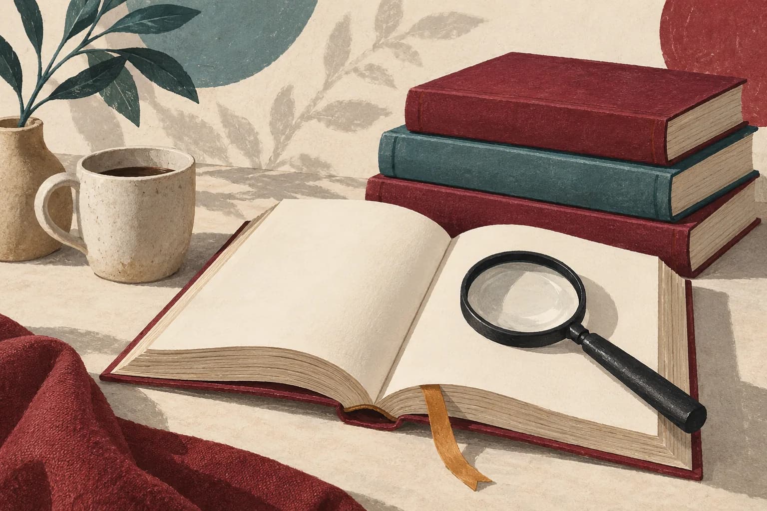 An open book and a magnifying glass beside a stack of burgundy and teal volumes.