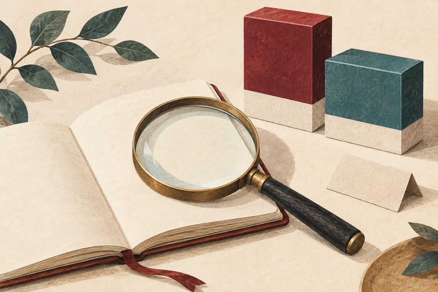 A magnifying glass over an open notebook beside two unmarked medicine cartons.