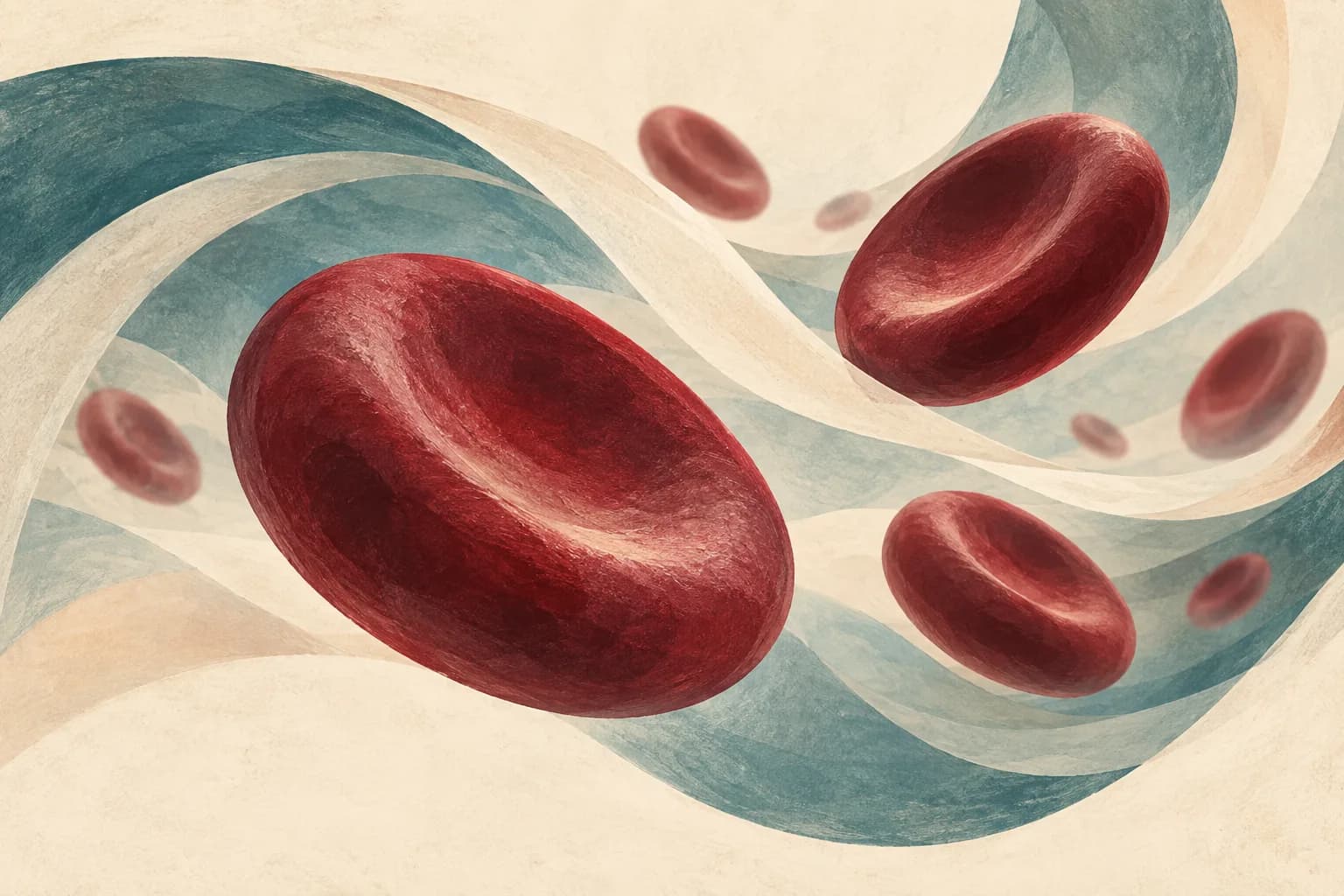 Burgundy red blood cells drifting through flowing cream and teal ribbons.
