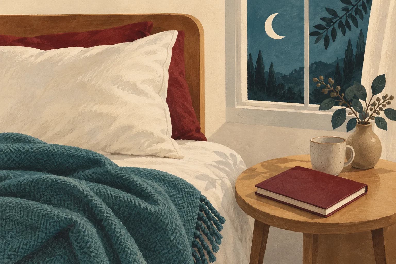 A cream pillow and teal blanket beside a burgundy notebook in a softly lit bedroom.