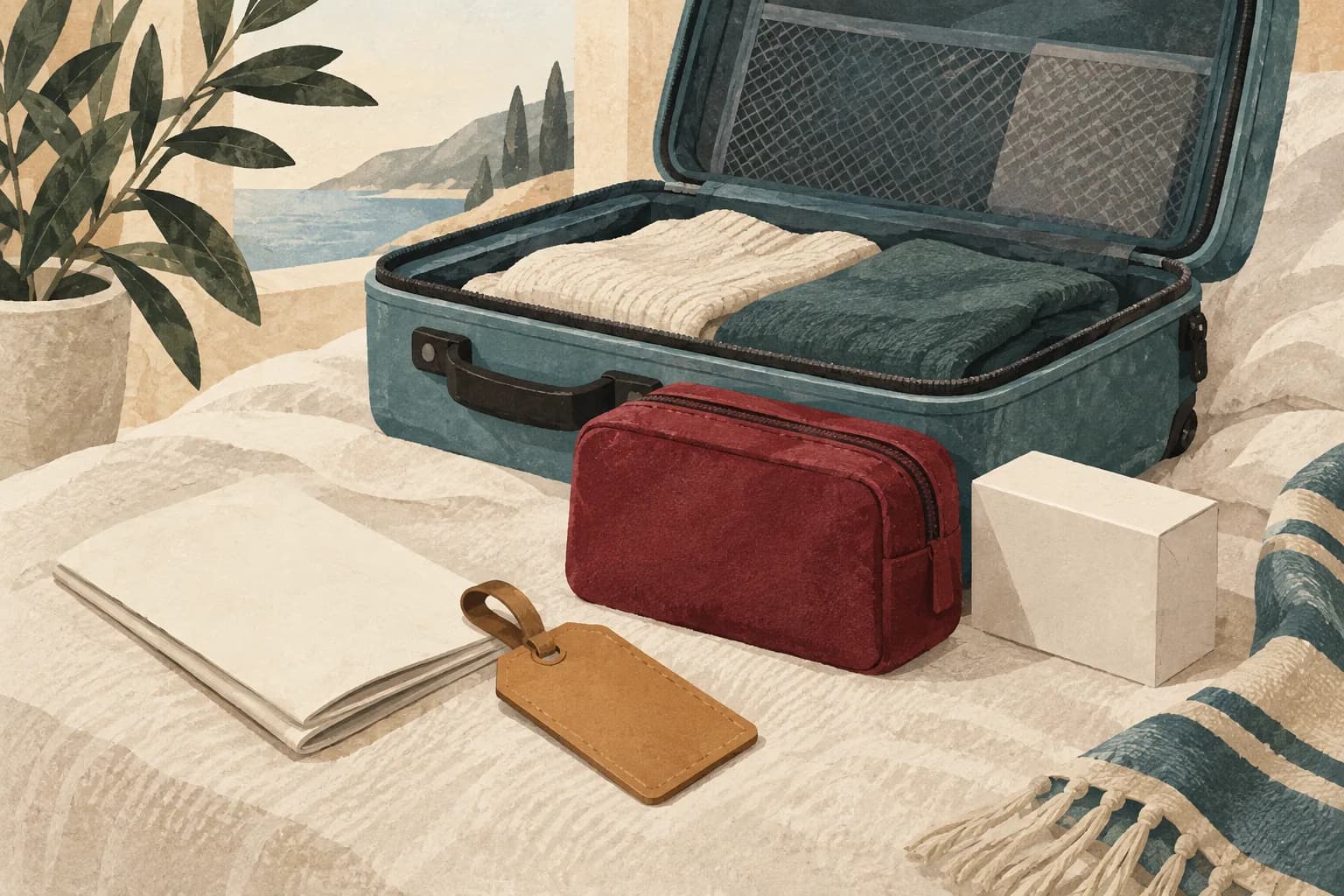 A teal carry-on case, a closed burgundy medicine pouch, a blank document, and a luggage tag.